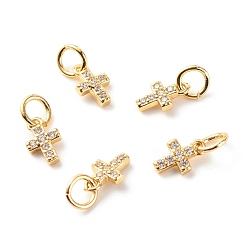 Real 18K Gold Plated Brass Micro Pave Clear Cubic Zirconia Pendants, Cadmium Free & Lead Free, Cross, Real 18K Gold Plated, 8x5x1.5mm, Hole: 3.5mm
