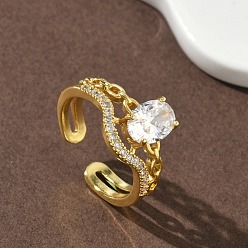 Золотой Латунные микропаве кубические цирконии манжеты открытые кольца для женщин, форма цепи, без кадмия и без свинца, стойки покрытие, долговечный, золотые, 11 мм, внутренний диаметр: 18 мм