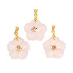 Розовый Кварц Резные подвески из натурального розового кварца, подвески-цветы с латунной микропаве из кубических цирконий, золотые, стойки покрытие, долговечный, золотые, 20x20x5 мм, отверстие : 5x4 мм