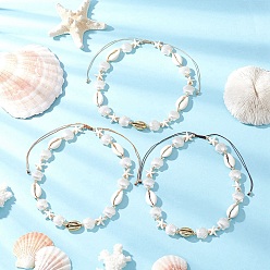 (52) Непрозрачная лаванда 3 шт. 3 цвета лето синтетическая бирюзовая морская звезда и натуральная ракушка каури и белый искусственный жемчуг регулируемые бусины ожерелья, золотые, разноцветные, 14.17 дюйм (36 см) ~ 23.23 дюйм (59 см), 1 шт / цвет