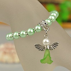Pale Green Lovely Wedding Dress Angel Bracelets for Kids, Carnival Stretch Bracelets, with Glass Pearl Beads and Tibetan Style Beads, Pale Green, 45mm