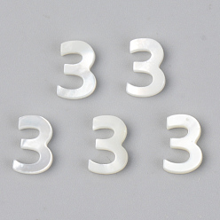 Number Natural White Shell Mother of Pearl Shell Charms, Number, Num.3, 10x7x2mm, Hole: 0.8mm
