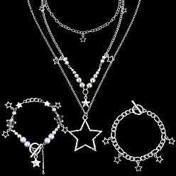 Платина Браслеты с подвесками из звездного железа и кулон в форме звезды из цинкового сплава 3 многослойные ожерелья для женщин, платина, 7.09 дюйм (18 см)