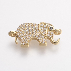 Golden Brass Micro Pave Cubic Zirconia Links, Elephant, Golden, 10x21x2mm, Hole: 1mm