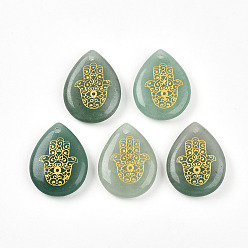 Зеленый Авантюрин Естественный зеленый авантюрин подвески, подвески-слезинки с золотым металлом, переплетенным в руку хамса, 32.5~33.5x24.5~25.5x7~8 мм, отверстие : 2 мм