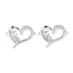 Platinum Brass Micro Pave Clear Cubic Zirconia Links, Long-Lasting Plated, Heart with Word Abu, Platinum, 22x26x3mm, Hole: 1.2mm