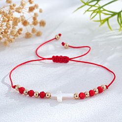 Красный Регулируемые браслеты из плетеных бусин из стекла и латуни, украшения в виде креста из натуральных ракушек для женщин, красные, 11.02 дюйм (28 см)