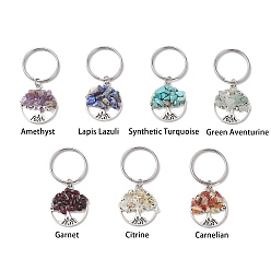 Mixed Stone 7Pcs 7 Styles Gemstone Keychains, with Alloy Findings and 304 Stainless Steel Split Key Rings, Tree of Life, 5.55cm
