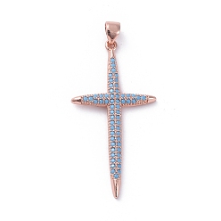 Розовое Золото Латунные микро проложить кубического циркония подвески, крестик, бирюзовые, розовое золото , 38.8x20x2 мм, отверстие : 4x5 мм