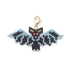 Black Handmade Loom Pattern Seed Beads Pendants Decoration, with 304 Stainless Steel Lobster Claw Clasps, Bat, Black, 31mm