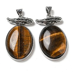 Tiger Eye Natural Tiger Eye Big Pendants, Antique Silver Plated Alloy Oval Charms, 56x32x11mm, Hole: 7x6.5mm