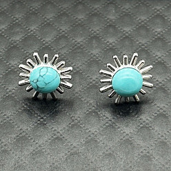 Серебро Серьги-гвоздики из сплава с натуральным тигровым глазом и цветком, серебряные