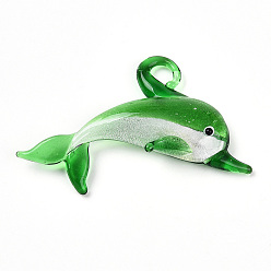 Зеленый Большие подвески, лэмпворк, ручная работа , прелести дельфинов, зелёные, 45~47x64~67x9~10 мм, отверстие : 6~7x5~6 мм