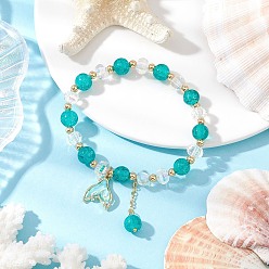 Темный Голубой 4шт. латунные стеклянные бусины эластичные браслеты, браслеты с подвесками из сплава «рыбий хвост» для женщин, темные голубые, внутренний диаметр: 2-1/4 дюйм (5.7 см)