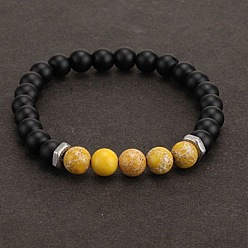 Yellow 8MM Dyed Natural Imperial Jasper and Frosted Black Round Beaded Stretch for Men, Silver Color Plated, Yellow, 7.09 inch(18cm)