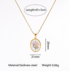 Oval Flower Printed 304 Stainless Steel Geometric Pendant Necklaces for Women, Golden, White, Oval, 17.72 inch(45cm), pendant: 29x21mm
