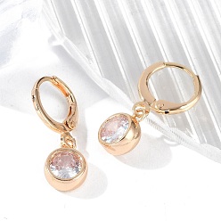 Золотой Серьги с застежкой-защелкой из латуни с прозрачным фианитом и прозрачным фианитом, стойки покрытие, долговечный, без свинца и без кадмия, плоско-круглые, золотые, 23.5x8 мм