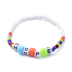 Colorful Stretch Bracelets, with Acrylic Beads and Glass Seed Beads, Word Hope, Colorful, Inner Diameter: 2-1/8 inch(5.5cm)