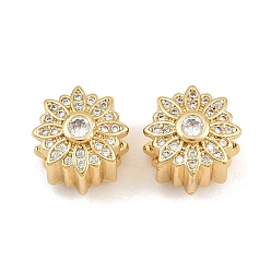 Chapado en Oro Real 18K Micropave de latón transparente cubic zirconia cuentas europeas, abalorios de grande agujero, flor, real 18 k chapado en oro, 12.5x12.5x11 mm, agujero: 4.5 mm