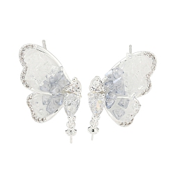 Посеребрённый Латунь с эмалью с фианитами, серьга-пусета с кристаллами и булавками из стерлингового серебра 925, без кадмия, без никеля и без свинца, бабочка, 925 серебро покрытием, 28x14.5 мм