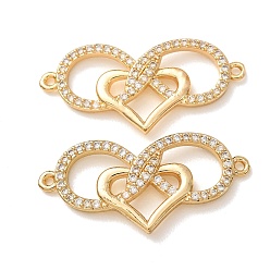 Real 18K Gold Plated Brass Micro Pave Cubic Zirconia Connector Charms, Heart with Infinity Links, Rack Plating, Long-Lasting Plated, Cadmium Free & Lead Free, Real 18K Gold Plated, 15.5x32x3mm, Hole: 1.2mm