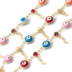 Colorful Enamel Evil Eye & Glass Flat Round Link Chains, with Brass Moon Charms, Real 18K Gold Plated, Soldered, Long-Lasting Plated, with Spools, Colorful, 12x6.5x4.5mm, 10x6.5x3mm