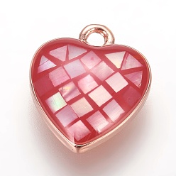 Pale Violet Red Brass Enamel Charms, with Freshwater Shell, Heart, Rose Gold, Pale Violet Red, 12x10x2.5mm, Hole: 1.2mm