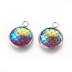 Deep Pink Resin Pendants, with 304 Stainless Steel Finding, Flat Round with Mermaid Fish Scale Shaped, Stainless Steel Color, Deep Pink, 18x14x3.5mm, Hole: 2mm