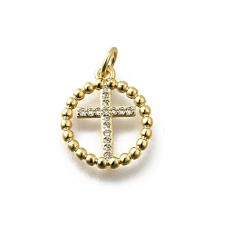 Настоящее золото 18K Латунные микро проложить кубического циркония подвески, плоские круглые с крестом, стойки покрытие, без кадмия и без свинца, долговечный, с целью перехода в кольце, реальный 18 k позолоченный, 16x14x2 мм, отверстие : 3 мм