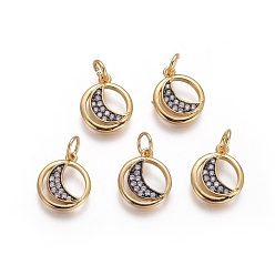 Черный Цвет Металла & Золотой Латунь прелести, с микропаве из кубического циркония и прыжковыми кольцами, плоские круглые с луной, прозрачные, металлический черный & золотой, 13x11x2 мм, отверстие : 3 мм