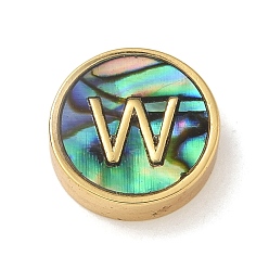 Letter W Латунные бусины, с имитацией смолы ракушки пауа, плоско-круглые, реальный 14 k позолоченный, Буква W, 13.5x4 мм, отверстие : 1.6 мм