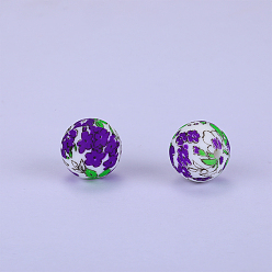 Purple Printed Round with Flower Pattern Silicone Focal Beads, Purple, 15x15mm, Hole: 2mm