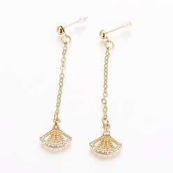 Golden Brass Cubic Zirconia Stud Earrings, with Cable Chains, Fan Shape, Golden, 55~57mm, Pin: 0.8mm