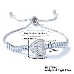 Серебро Элегантные латунные браслеты-слайдеры с паве из кубических цирконий, браслеты с подвесками в форме сердца для женщин, серебряные, 10-1/4 дюйм (26 см)