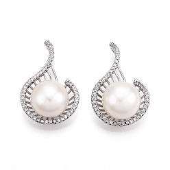 Платинированный Подвески из натурального пресноводного жемчуга, латунные микропаве прозрачные подвески с фианитом, слезинки, Реальная платина, 26.5x17.5x9.5~11 мм, отверстие : 4x2.5 мм