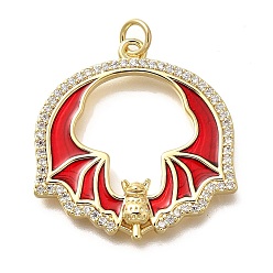 Красный Латунные микро проложить кубического циркония подвески, с эмалью, летучая мышь прелести, без кадмия и без свинца, прочное покрытие, реальный 18 k позолоченный, красные, 27x26x3.5 мм, отверстие : 3 мм
