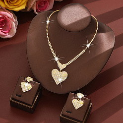 Золотой Комплекты из колье, ожерелий и сережек-гвоздиков из латуни с подвесками в форме сердца, украшенных кристаллами и стразами, для женщин., золотые, колье: 12.20 дюйм (31 см)