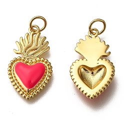 Deep Pink Golden Tone Brass Enamel Pendants, with Jump Rings, Long-Lasting Plated, Heart, Deep Pink, 22x12x3mm, Hole: 3.5mm