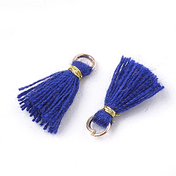 Blue Polycotton(Polyester Cotton) Tassel Pendant Decorations, Mini Tassel, with Iron Findings and Metallic Cord, Light Gold, Blue, 10~15x2~3mm, Hole: 1.5mm