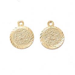 Real 24K Gold Plated Rack Plating Eco-friendly Brass Charms, Lead Free & Cadmium Free, Long-Lasting Plated, Flat Round with Textured Pattern, Real 24K Gold Plated, 15x12x0.5mm, Hole: 1mm
