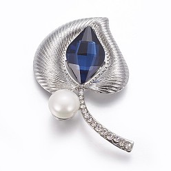 Платина Латунные кабошоны, со стеклом, раковины жемчужные бусы и горный хрусталь, лист, Marine Blue, платина, 59x37x11 мм