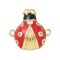 Настоящее золото 18K Звенья в виде божьей коровки из латуни с микропаве из прозрачного кубического циркония, с красной и черной эмалью, стойки покрытие, без свинца и без кадмия, долговечный, реальный 18 k позолоченный, 17x17x5 мм, отверстие : 1.5 мм