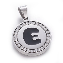 Letter E 304 Stainless Steel Enamel Pendants, with Cubic Zirconia, Flat Round with Letter, Stainless Steel Color, Clear, Letter.E, 29x25x3mm, Hole: 5.5x8.5mm