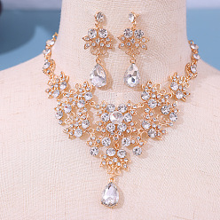 Кристалл Ожерелья с подвесками из сплава и стразами и серьги-гвоздики для женщин, цветок и слеза, золотые, кристалл, 580 мм