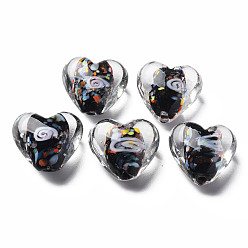 Черный Бусины лэмпворк , с внутренним цветок, сердце, чёрные, 12~15x13~16x9 мм, отверстие : 1.2 мм