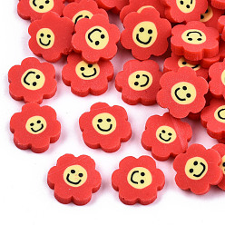Red Handmade Polymer Clay Cabochons, Polymer Clay Slices for Resin Crafts & DIY Projects, Flower with Smile, Red, 9~10x9.5~10.5x2mm, about 5750pcs/1000g