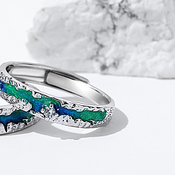Морско-зеленый S925 регулируемое кольцо из стерлингового серебра с эмалью, кольца полярного сияния, цвета морской волны, внутренний диаметр: 15~20 мм