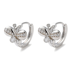 Платинированный Латунные серьги-кольца из прозрачного кубического циркония, бабочка, Реальная платина, 12.5x13x15.5 мм