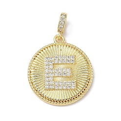 Letter E Латунные микропаве прозрачные подвески с фианитом, плоский круглый с подвесками в виде букв, без свинца и без кадмия, долговечный, стойки покрытие, реальный 18 k позолоченный, Письмо E, 24.5x21.5x2.5 мм, отверстие : 4.5x3.5 мм