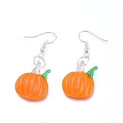 Platinum Handmade Lampwork Dangle Earrings, with Brass Earring Hooks, Pumpkin, Dark Orange, Platinum, 47mm, Pumpkin: 23x18x4.5mm, Pin: 0.6mm